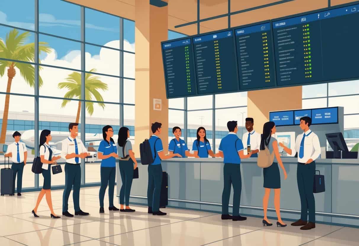 Travelers interacting with airline staff at an airport check-in counter in Brownsville, Texas, with a flight information board and palm trees visible outside.