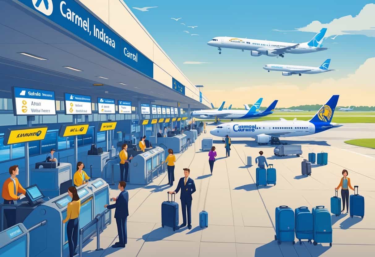 A busy airport terminal in Carmel, Indiana with passengers and airline staff interacting calmly near airline counters and planes on the runway.