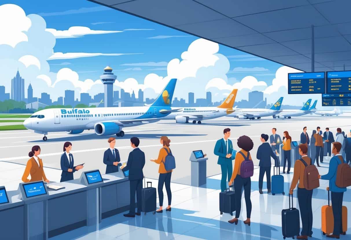 Travelers calmly interacting with airline staff at a busy Buffalo airport with airplanes at gates and the Buffalo city skyline in the background.