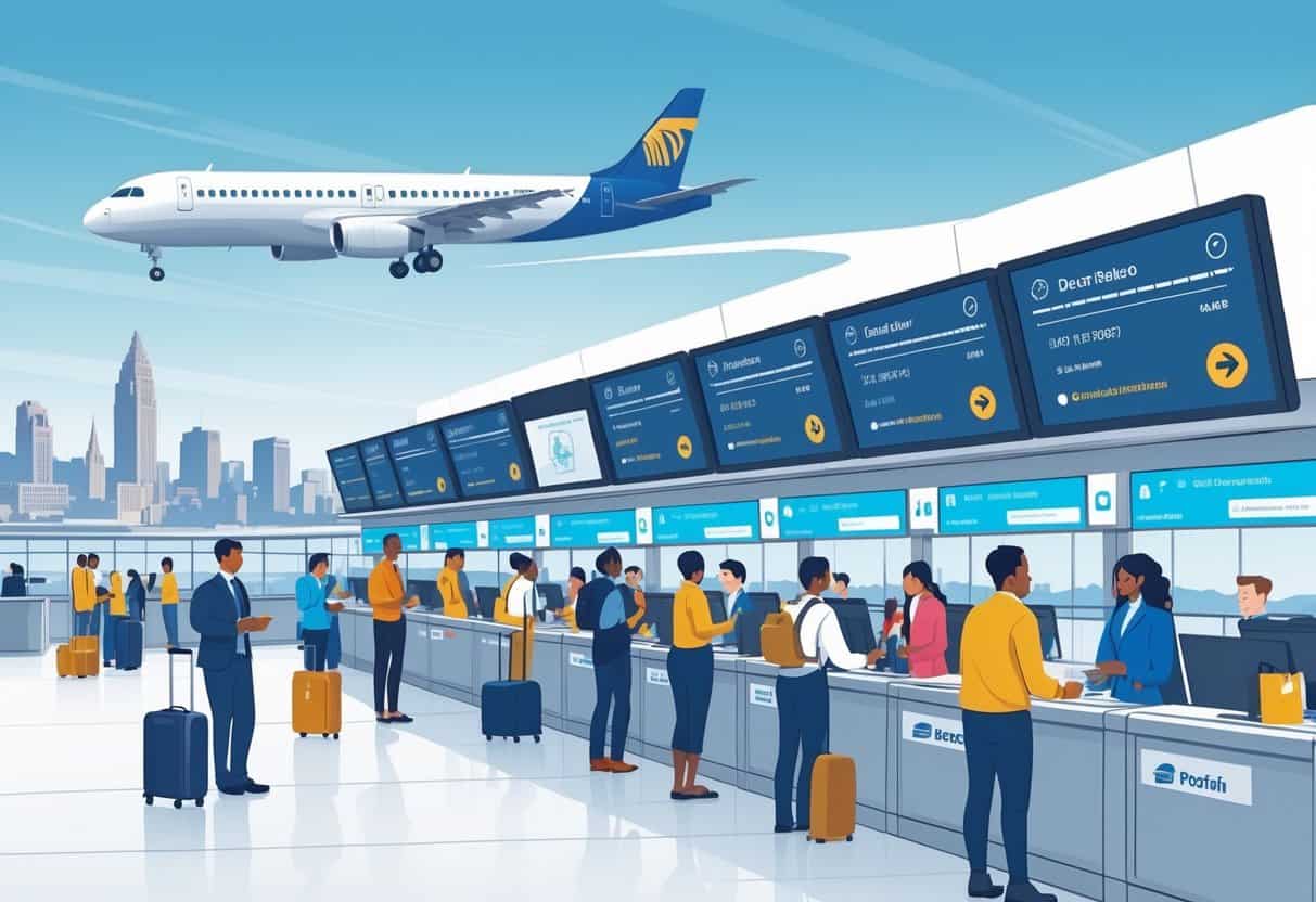 Passengers at an airport check-in area in Buffalo interacting with airline staff calmly, with a clear view of Buffalo's skyline and flight information displays showing smooth flight operations.