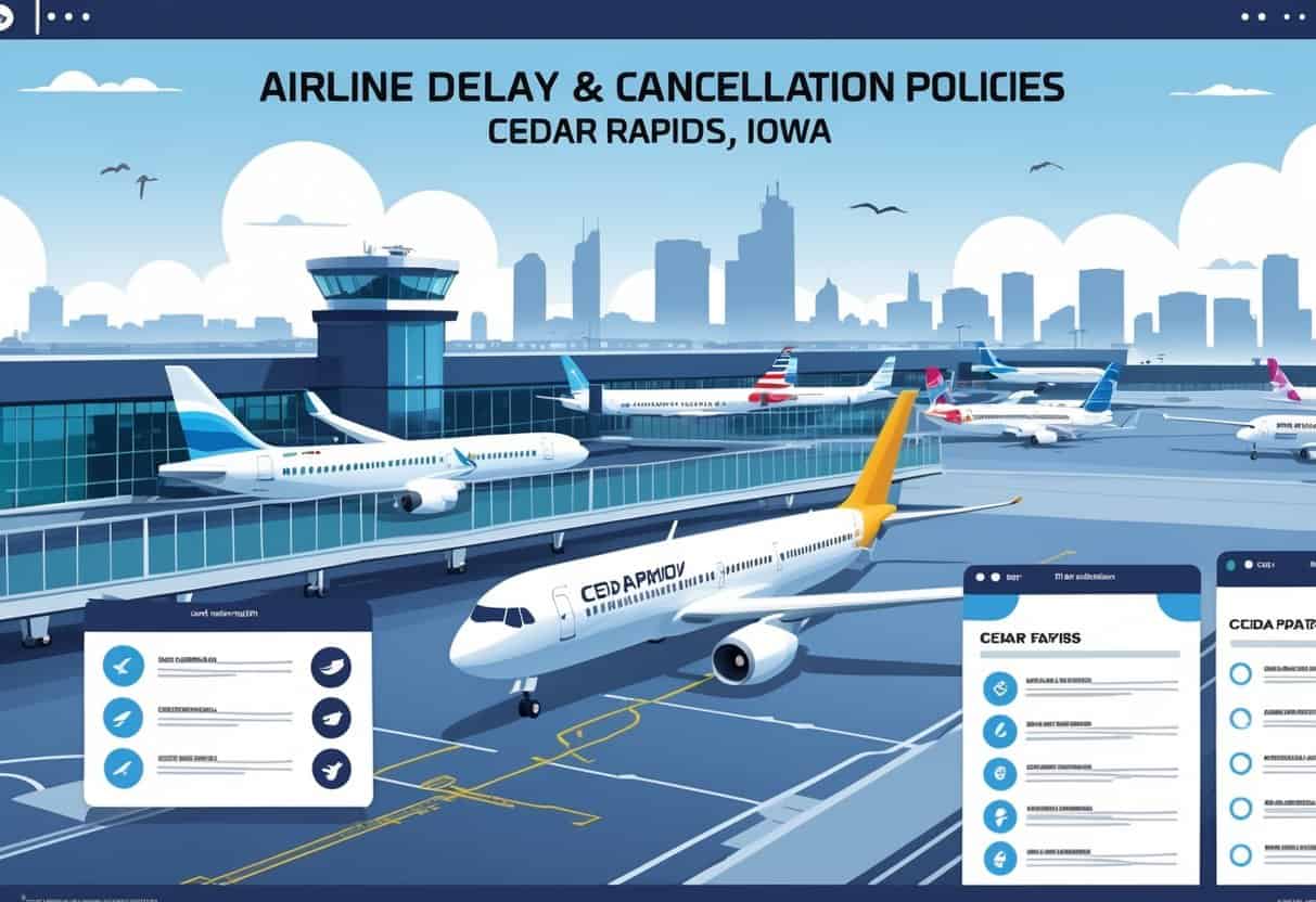 An airport scene in Cedar Rapids, Iowa, showing airplanes on the tarmac, a city skyline in the background, and icons representing airline delay and cancellation policies.
