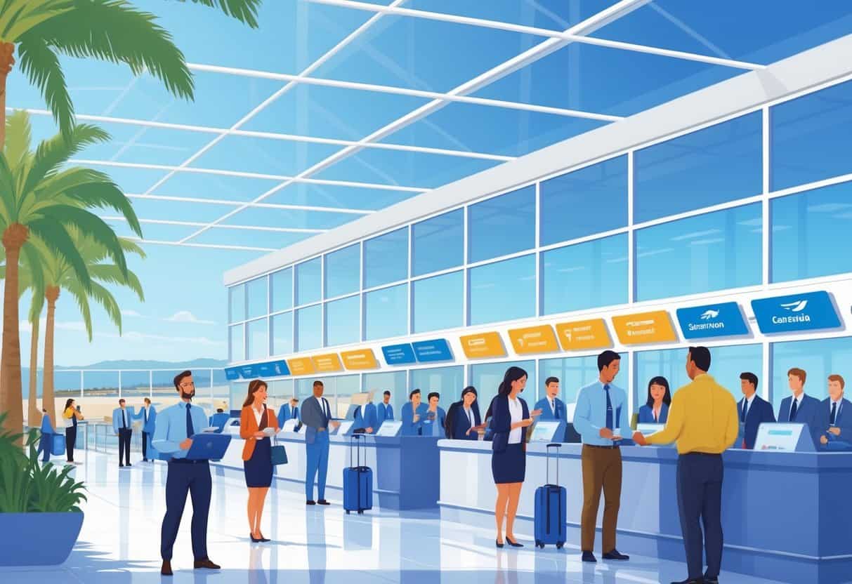 An airport terminal in Carlsbad, California, with passengers interacting calmly with airline staff and palm trees visible outside.