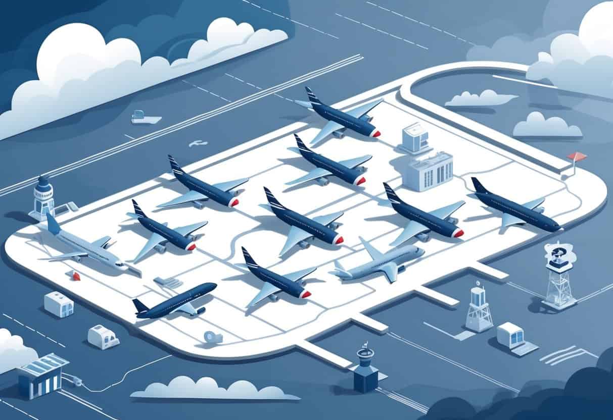 An infographic showing a map of Carlsbad with airplane icons linked to symbols representing airline delay and cancellation policies.