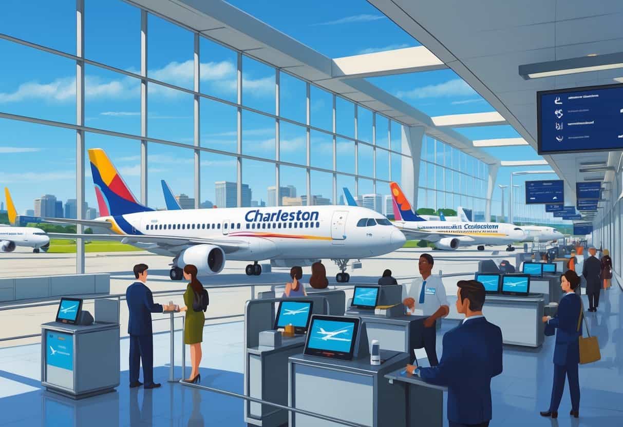 An airport terminal in Charleston with airplanes from multiple airlines, passengers checking flight information, and airline staff assisting travelers, with the Arthur Ravenel Jr. Bridge and coastal skyline in the background.