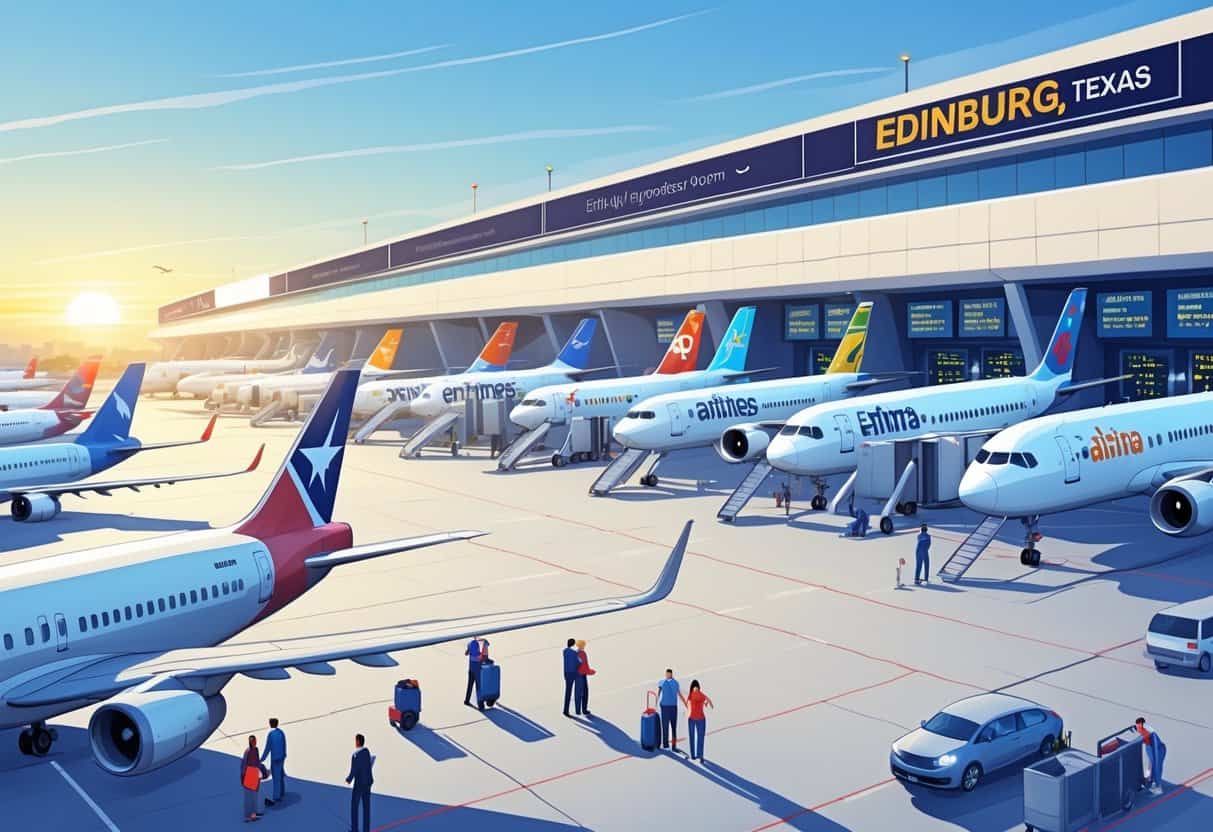 An airport terminal in Edinburg, Texas with several airplanes from different airlines parked at gates, passengers boarding and airline staff assisting travelers under a clear sky.
