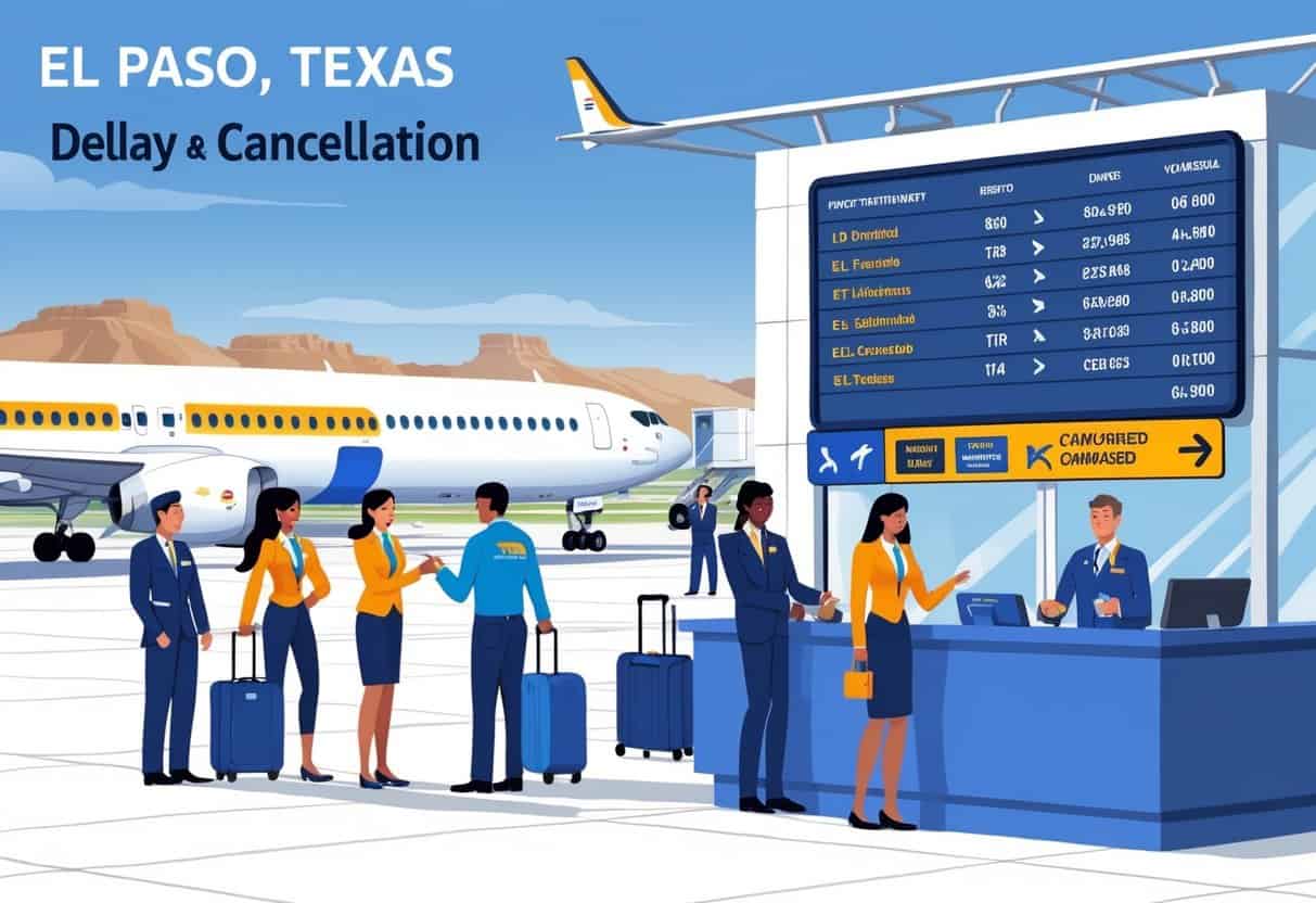 Travelers at an airport customer service desk receiving help with delayed and cancelled flights, with a flight information board and an airplane on the runway in the background showing the El Paso mountainous landscape.