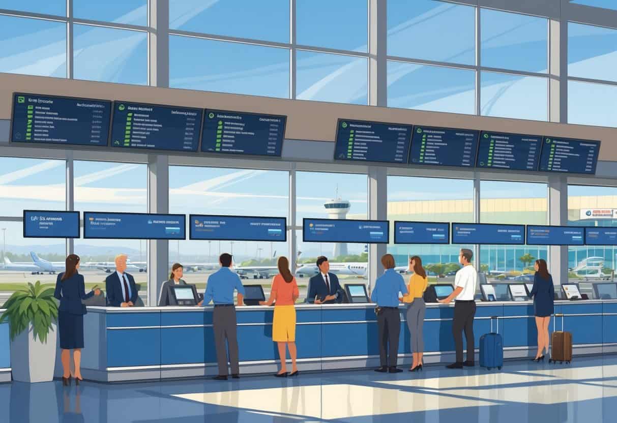 An airport terminal in Elk Grove, California, showing travelers interacting with airline staff at service counters and a clear view of the city skyline through large windows.