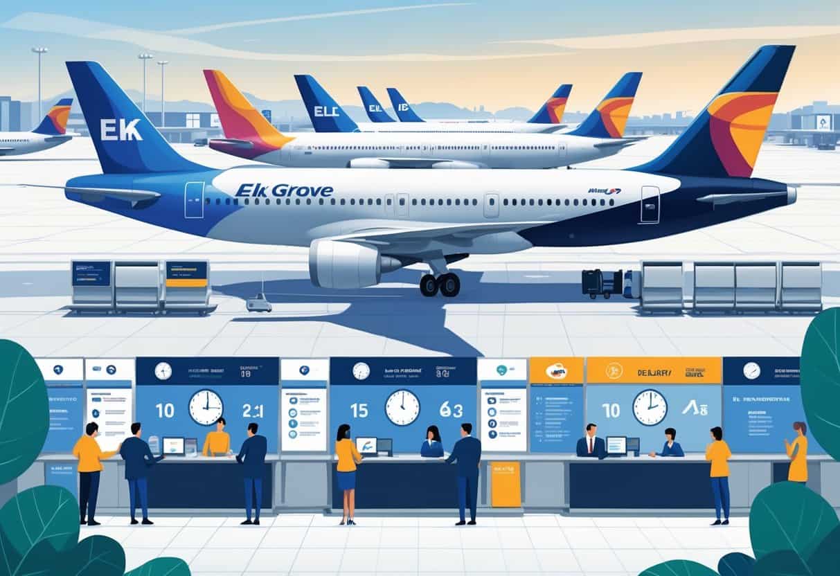 An airport scene showing airplanes from major airlines, travelers receiving help at service counters, flight information boards, and a background hinting at Elk Grove, California.