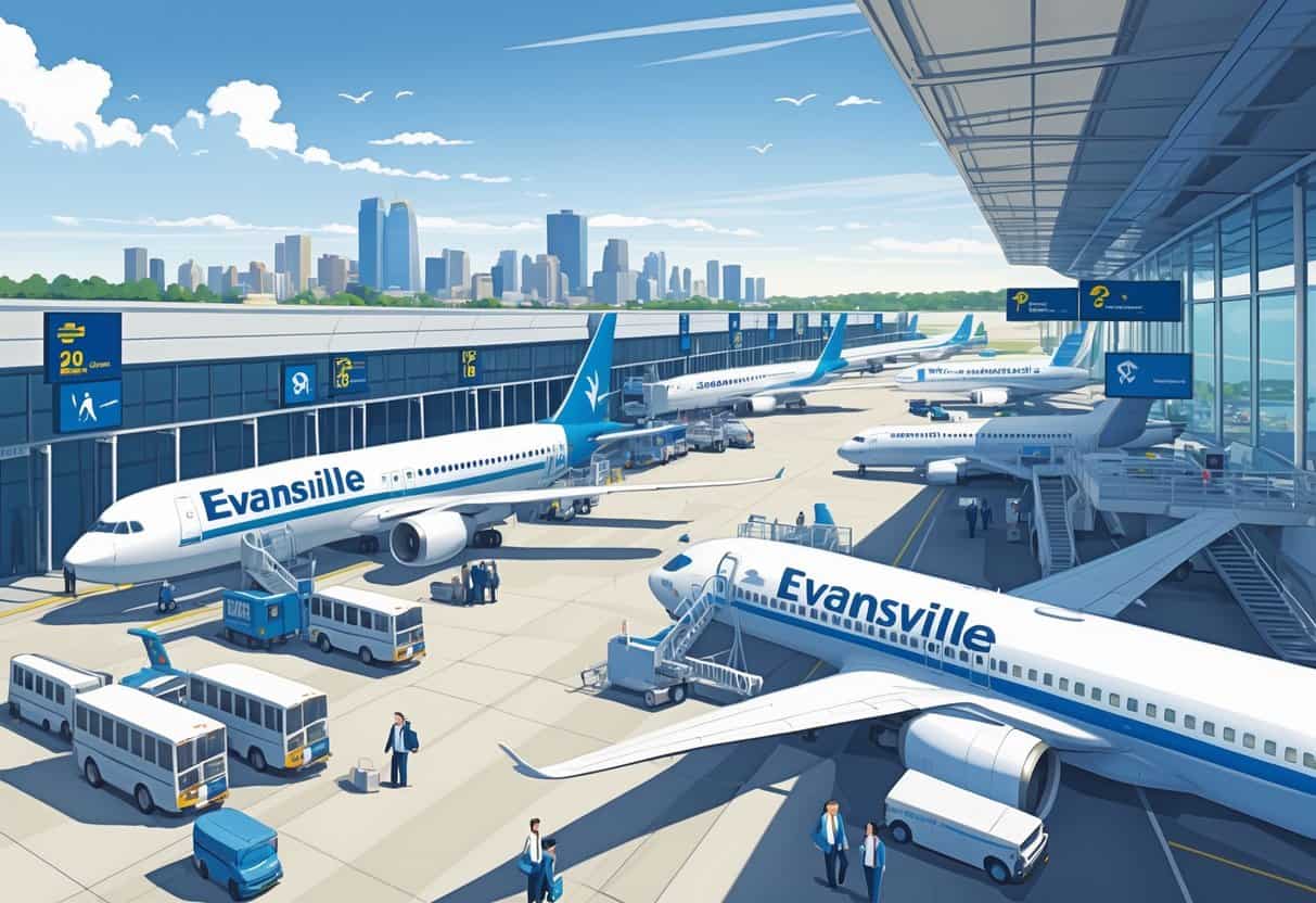 An airport terminal in Evansville with airplanes parked at gates and passengers being assisted by airline staff under clear skies.