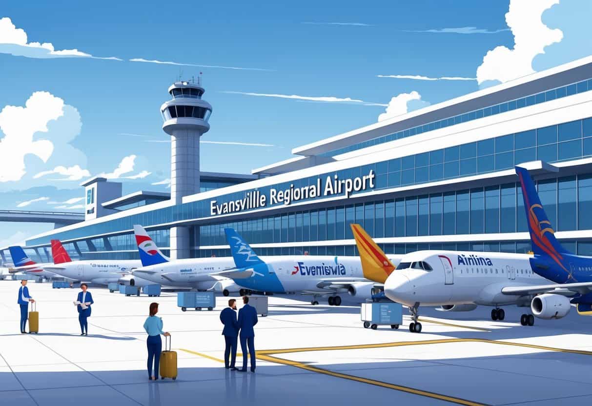 An airport terminal at Evansville Regional Airport with airplanes from various airlines at gates and passengers and staff moving around the terminal.