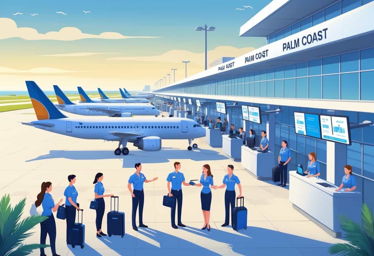 An airport scene in Palm Coast, Florida with airplanes, passengers, and airline staff calmly interacting, showing smooth handling of flight delays and cancellations.