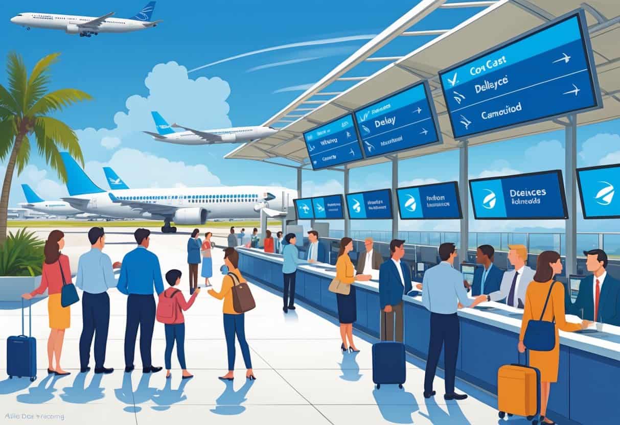 An airport scene with airplanes on the runway, travelers interacting with airline staff, and palm trees visible in the background.