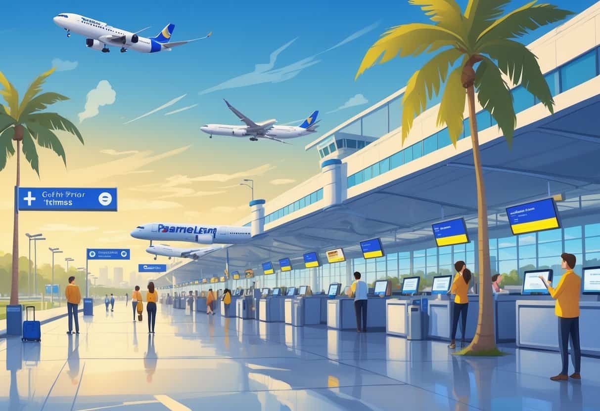 An airport terminal in Pasadena, Texas with airplanes at gates and travelers calmly interacting with airline staff under a clear blue sky.