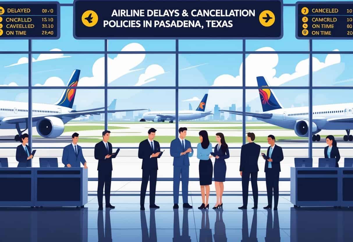 Airport terminal with airplanes on the runway, travelers interacting with airline staff, and a city skyline visible through large windows.