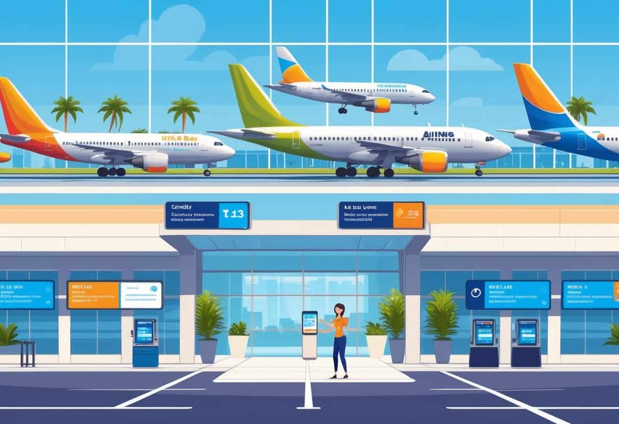 An airport terminal in Palm Bay, Florida, showing airplanes at gates, a customer service representative helping a traveler, palm trees outside, and flight information displays indicating smooth airline operations.