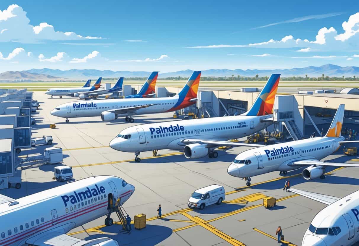 An airport in Palmdale, California with airplanes at gates, ground crew working, and passengers boarding, set against a clear sky and mountains.