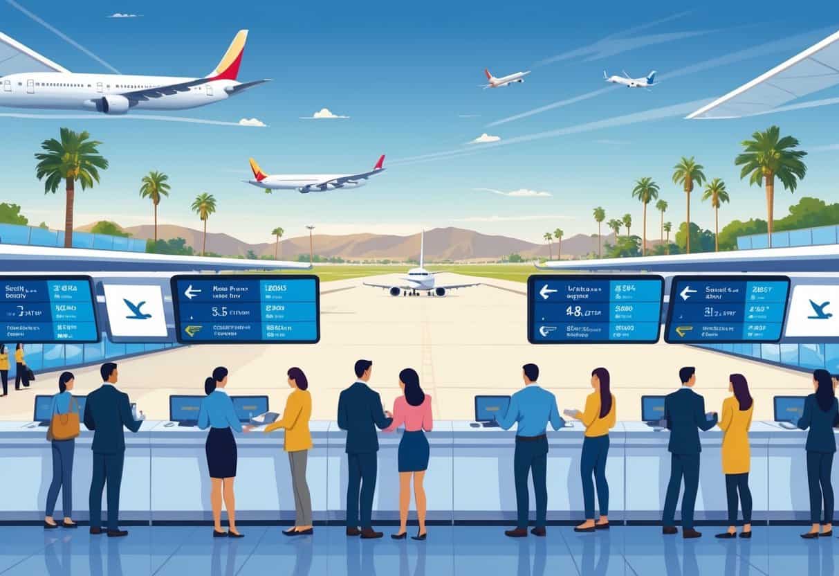 Travelers interacting with airline staff at an airport in Rancho Cucamonga with airplanes on runways and mountains in the background.