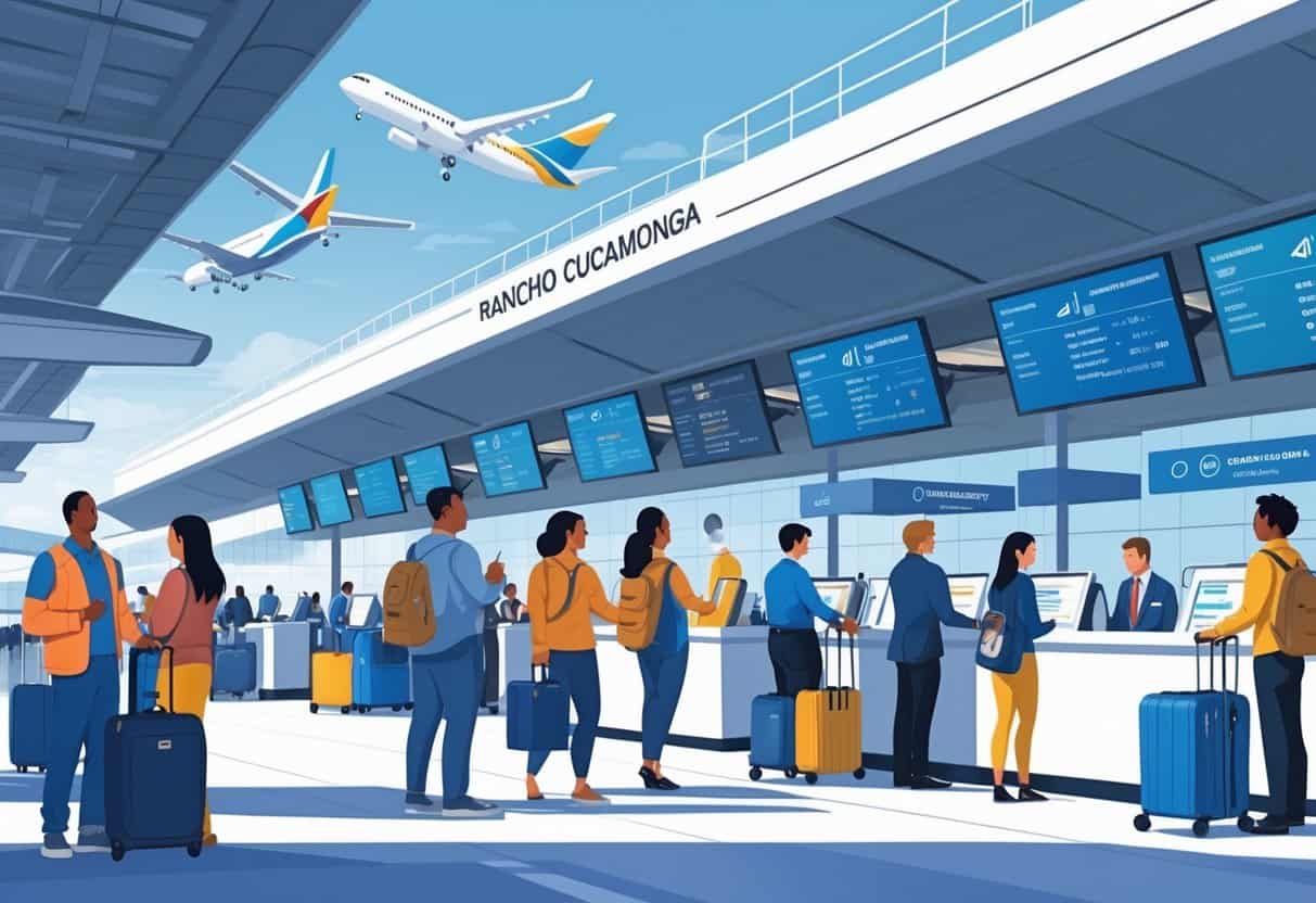 Travelers at an airport in Rancho Cucamonga checking flight information and interacting with airline staff amid airplanes and luggage carts.