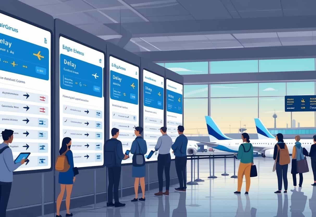 Travelers calmly checking flight information screens at an airport in Saint Paul with airplanes at gates and a cityscape in the background.