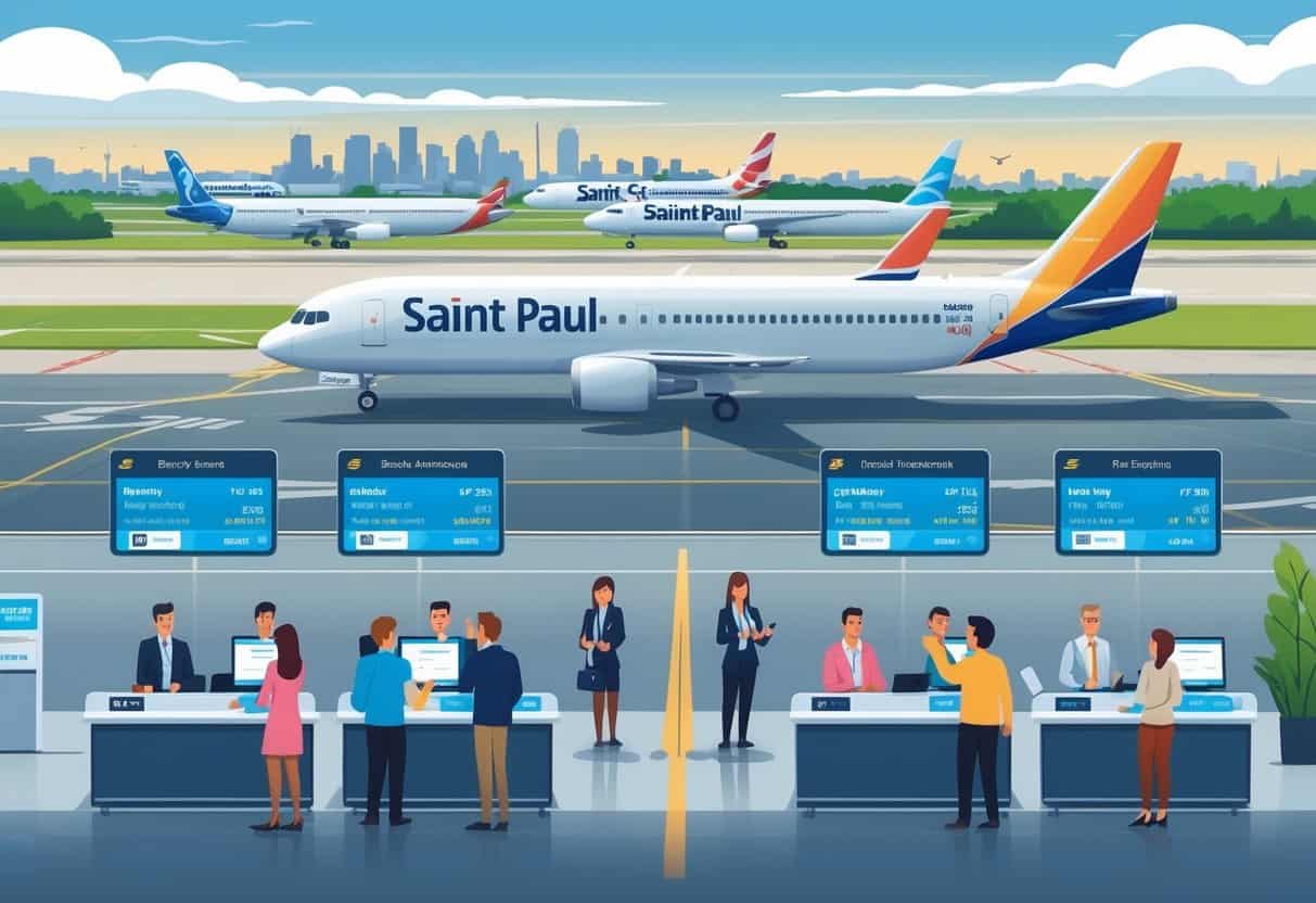 An airport scene in Saint Paul, Minnesota, showing airplanes, travelers, airline staff, flight information boards with delays and cancellations, and the city skyline in the background.