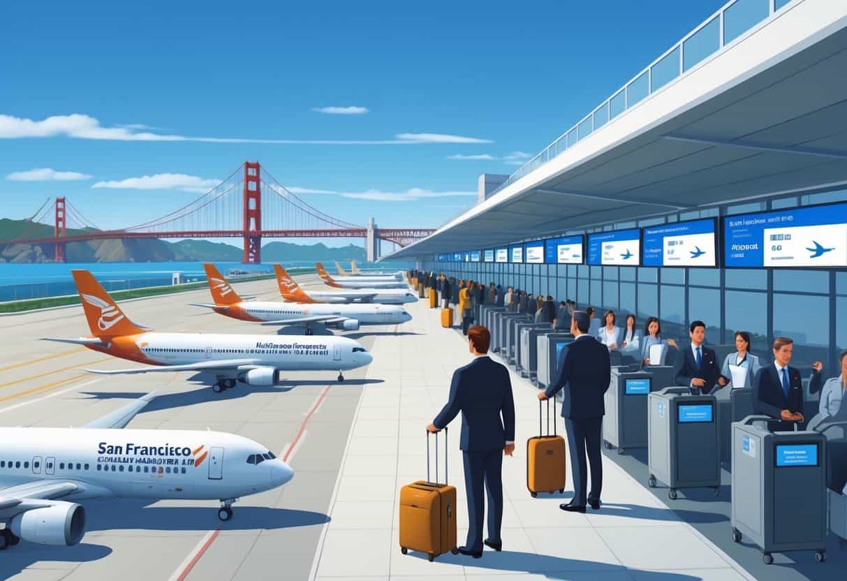 Airport terminal at San Francisco with airplanes, staff helping passengers, and the Golden Gate Bridge visible in the background.