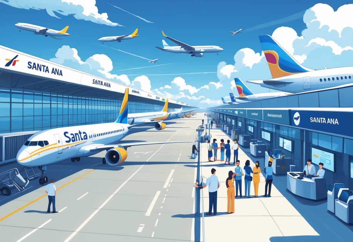 An airport scene in Santa Ana with airplanes at gates and travelers interacting with airline staff, showing a calm and efficient environment.