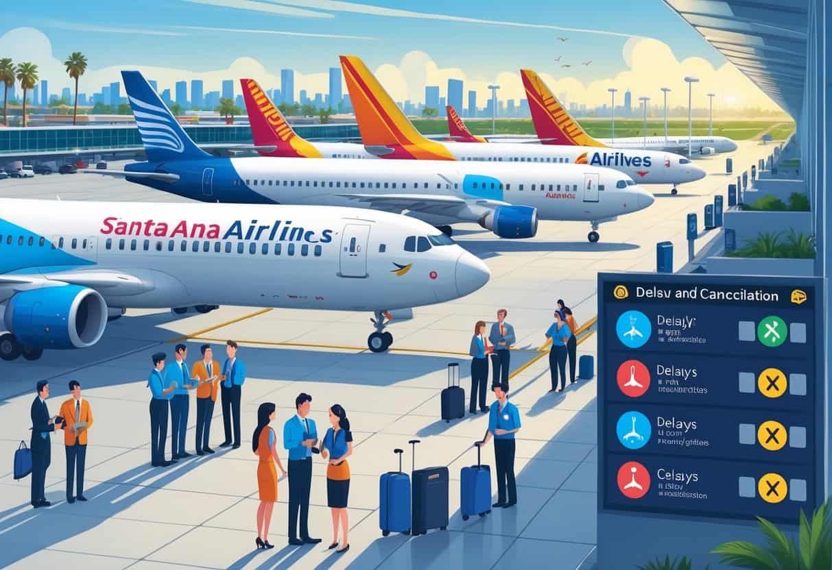 An airport terminal in Santa Ana with airplanes from various airlines at gates, a flight information board showing delay and cancellation icons, airport staff assisting passengers, and the city skyline with palm trees in the background.