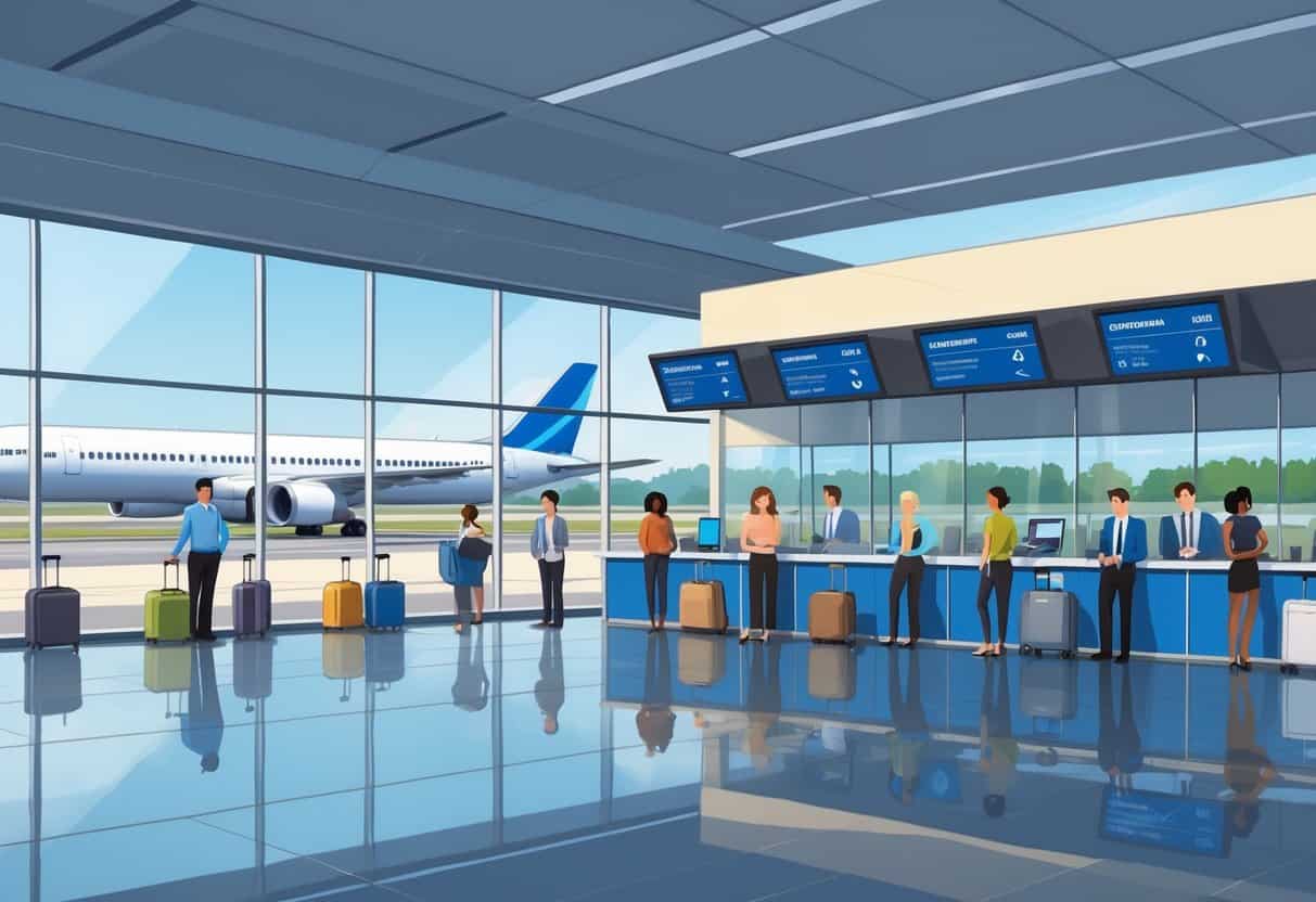 An airport terminal with airline agents helping travelers at counters, airplanes visible outside, and a calm, organized atmosphere near Sandy Springs, Georgia.