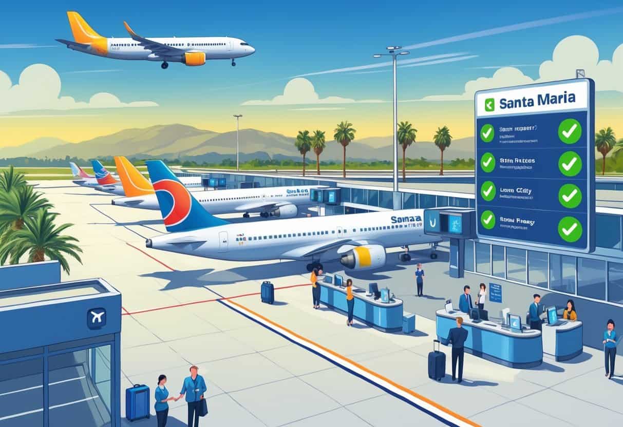 An airport scene in Santa Maria, California, showing airplanes on the runway, passengers being assisted by airline staff, and a digital flight board indicating delays and cancellations.