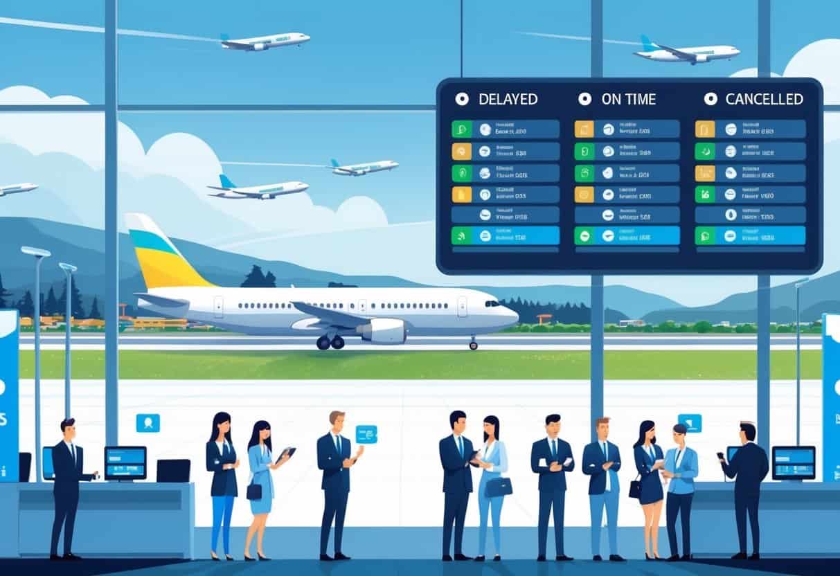 An airport scene showing airplanes on the runway, passengers and airline staff interacting at a help desk, and a flight information board displaying different flight statuses, with hills and vineyards visible in the background.
