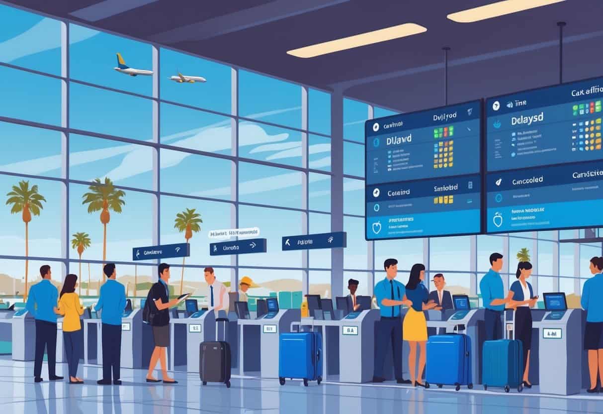 Airport scene in Santa Clarita showing travelers interacting with airline staff and flight status screens displaying various flight updates.