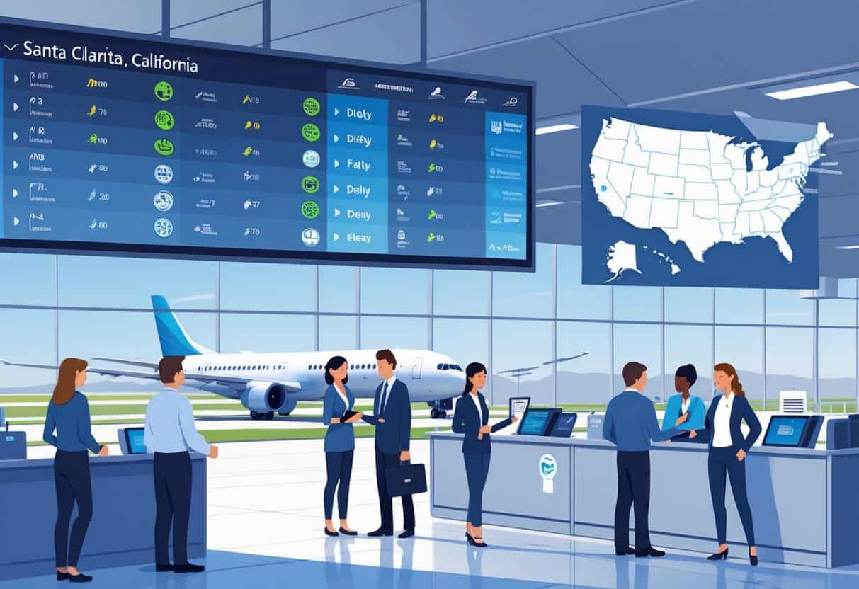 An airport terminal with airplanes on the runway, travelers speaking with airline staff at service counters, and a map highlighting Santa Clarita with airline icons.