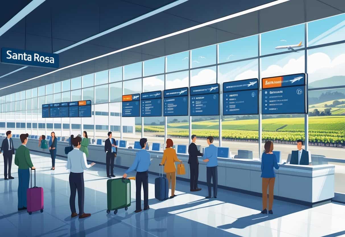 An airport terminal in Santa Rosa with passengers talking to airline staff and flight information screens showing updated statuses, set against a backdrop of vineyards and hills.