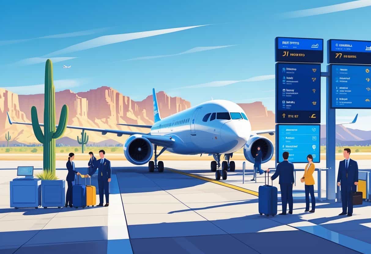 An airport scene in Scottsdale, Arizona with an airplane at the gate, airline staff helping passengers, and desert mountains in the background.