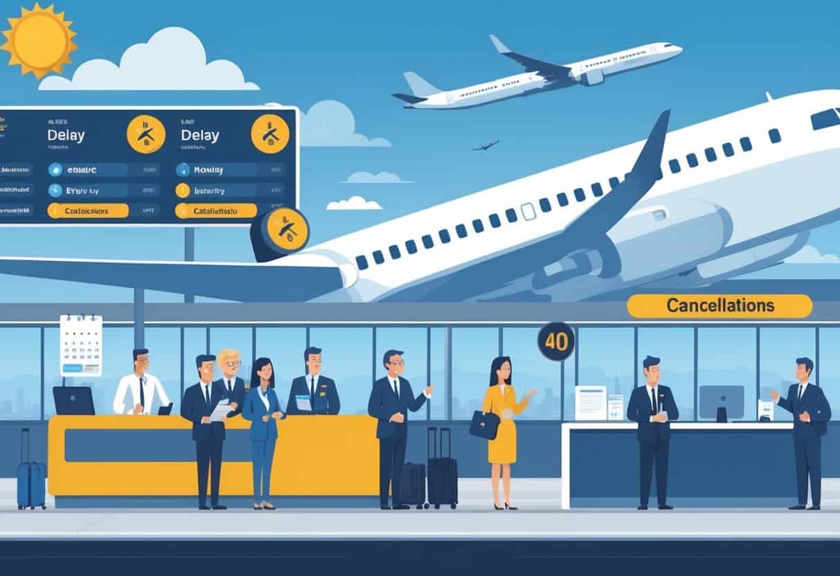 An airport terminal scene showing passengers and staff dealing with flight delays and cancellations, with clocks, calendars, and weather icons indicating time and external factors, set near Santa Rosa, California.