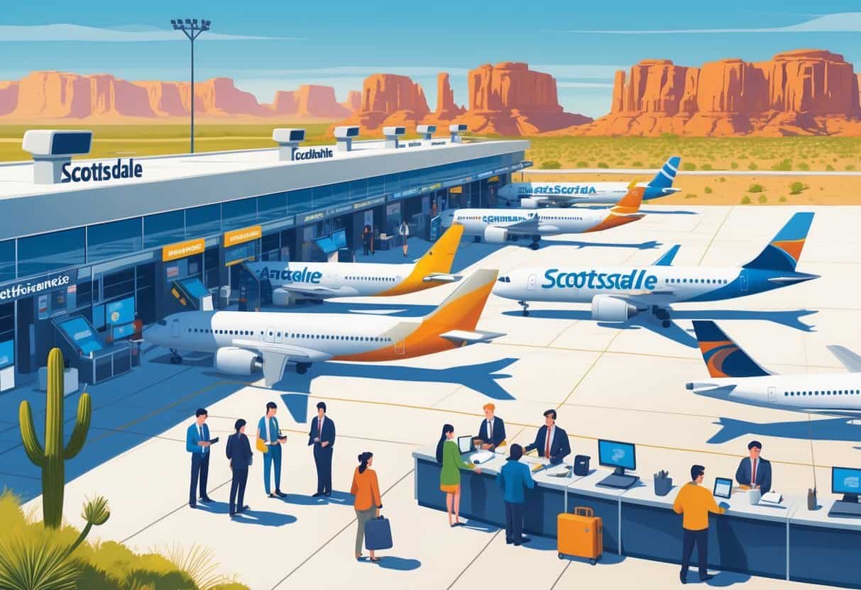 An airport scene in Scottsdale, Arizona with airplanes on the runway, travelers at check-in counters, and desert landscape with cacti and red rocks in the background.