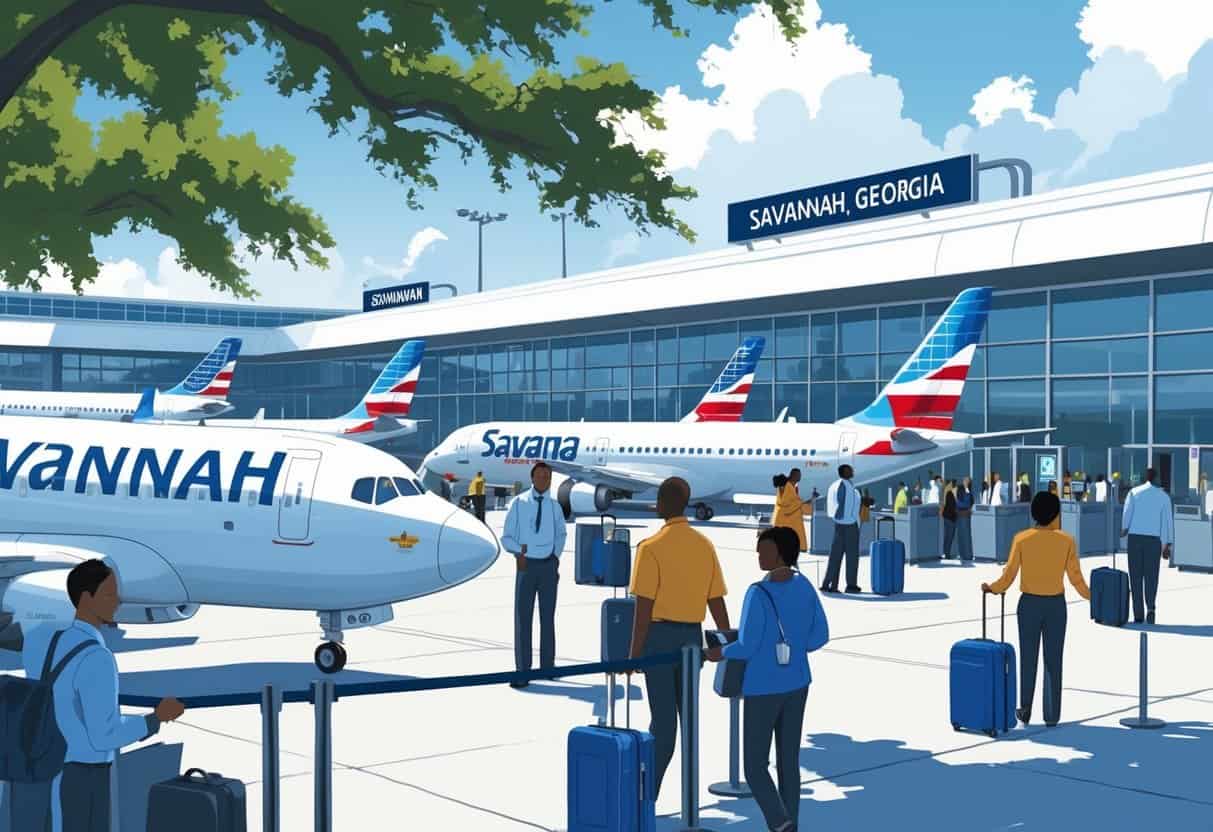 An airport terminal in Savannah, Georgia, showing airplanes from various airlines and passengers moving smoothly through check-in and boarding areas.