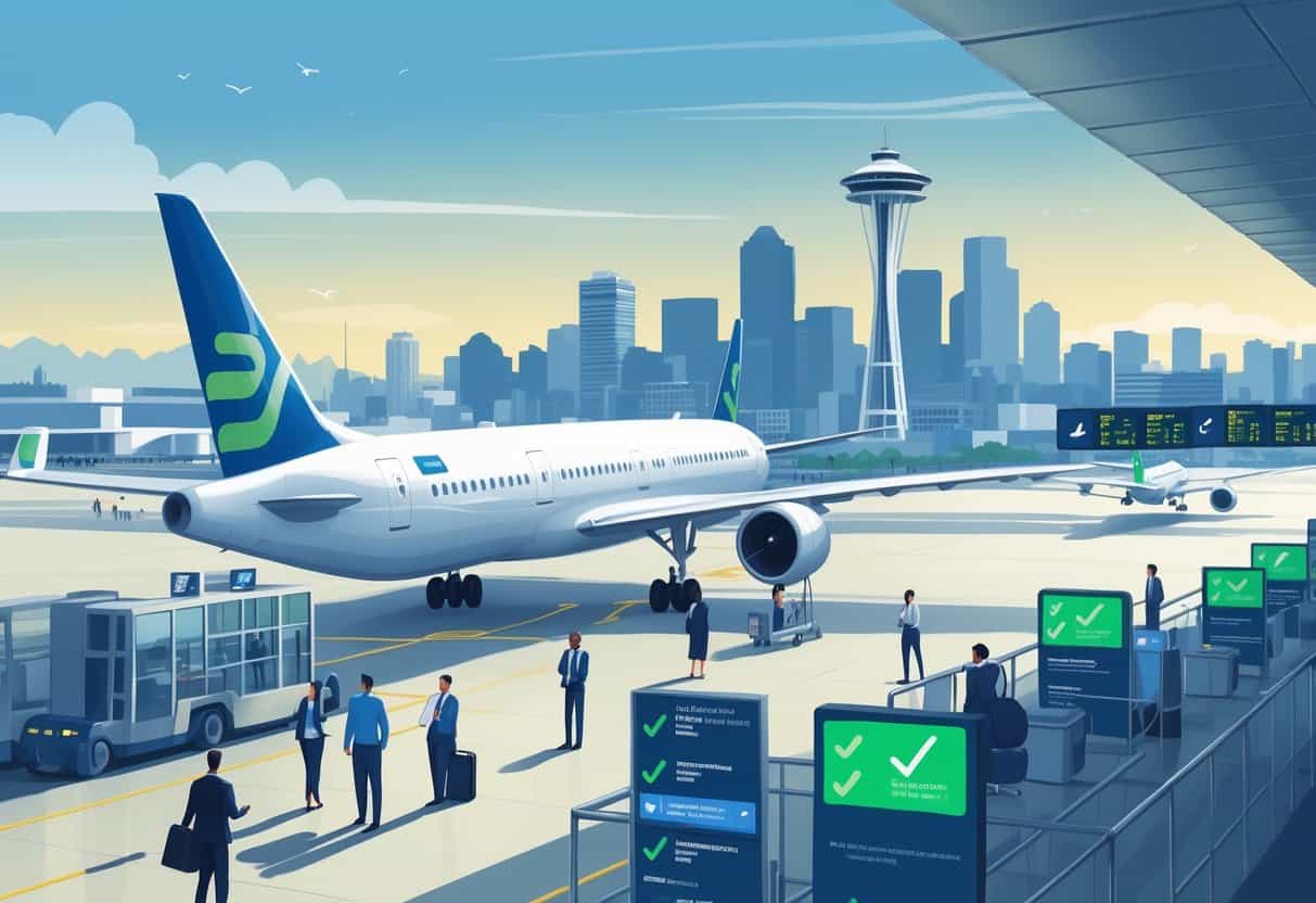 An airport scene in Seattle with a plane at the gate, calm passengers and staff, and the Seattle skyline including the Space Needle in the background.