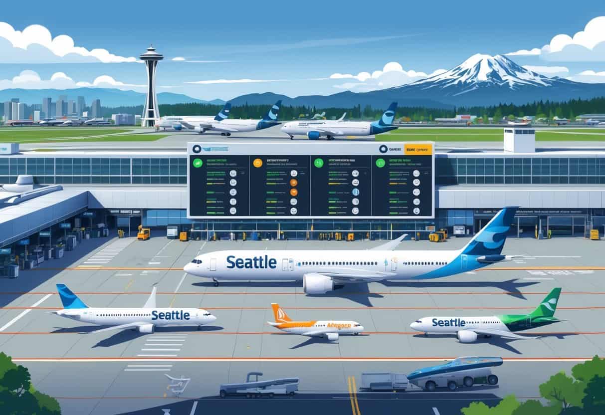 An airport scene in Seattle with airplanes at gates, a flight information board showing flight statuses, and Seattle landmarks like the Space Needle and Mount Rainier in the background.