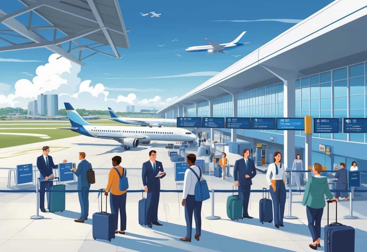 An airport terminal in Shreveport with airplanes at gates and passengers being assisted by airline staff, showing a calm and efficient travel environment.