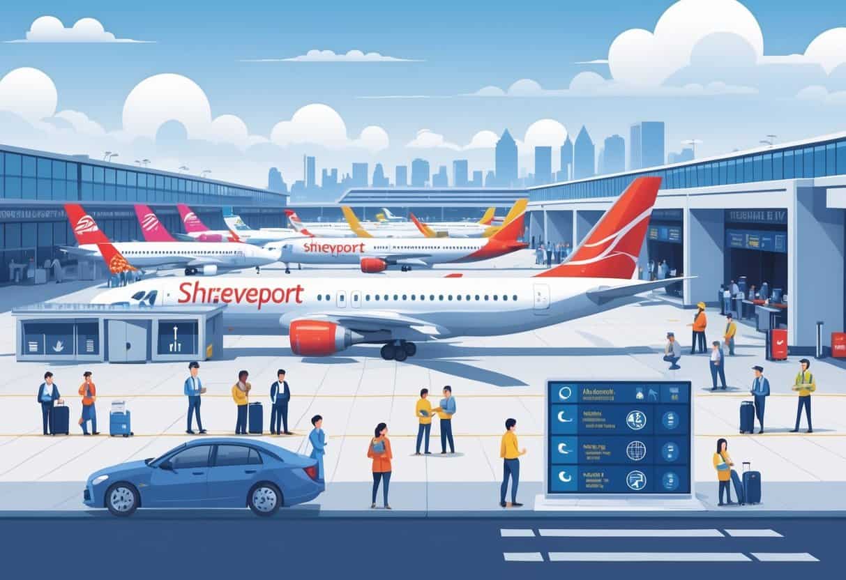 An airport terminal with airplanes from different airlines, a flight information board showing delays and cancellations through icons, airport staff assisting passengers, and the Shreveport city skyline in the background.