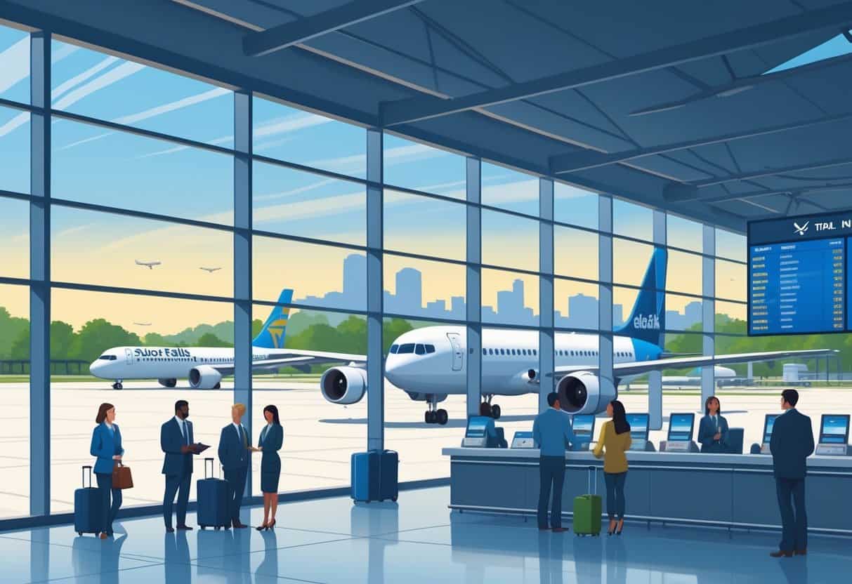 An airport terminal in Sioux Falls with airplanes at gates and passengers interacting with airline staff, showing a calm and efficient travel environment.