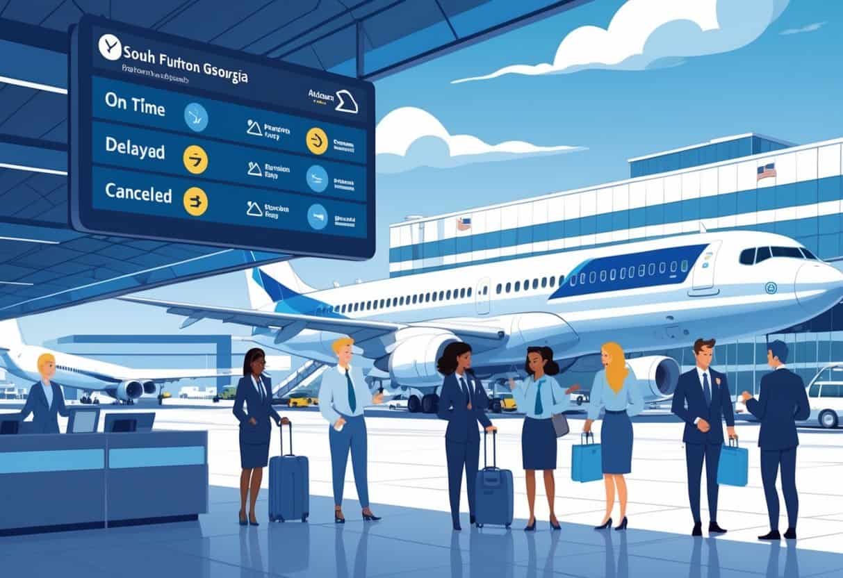 An airport terminal in South Fulton with travelers and airline staff near flight information displays showing flight statuses and airplanes at gates.