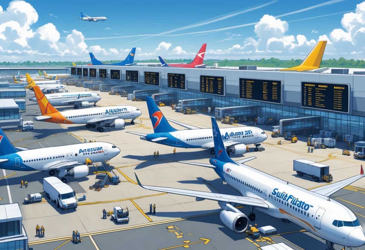An airport scene in South Fulton with airplanes on the tarmac, a terminal building, flight information boards, and travelers moving around.