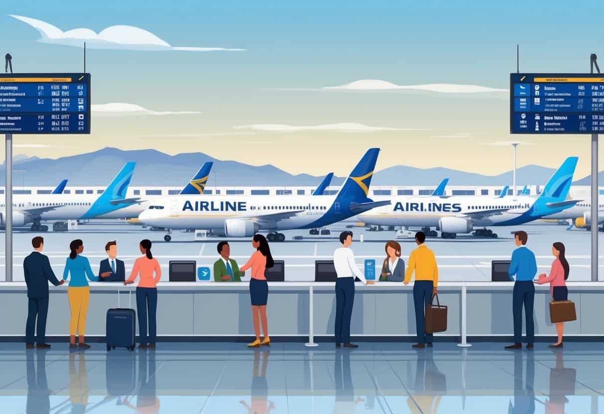 Travelers and airline staff at an airport in Sparks, Nevada, with planes at gates and mountains in the background.