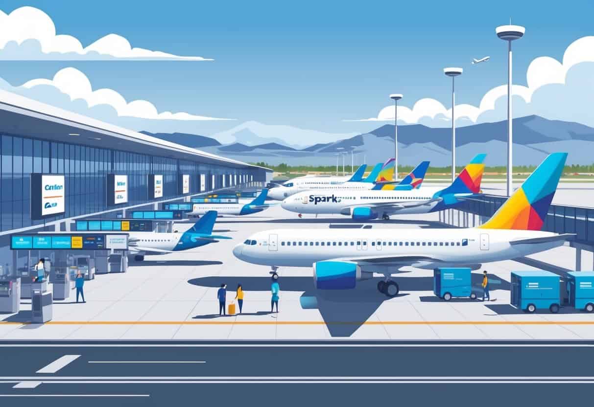 An airport terminal in Sparks, Nevada, showing airplanes at gates, flight status boards, and passengers interacting with airline staff.