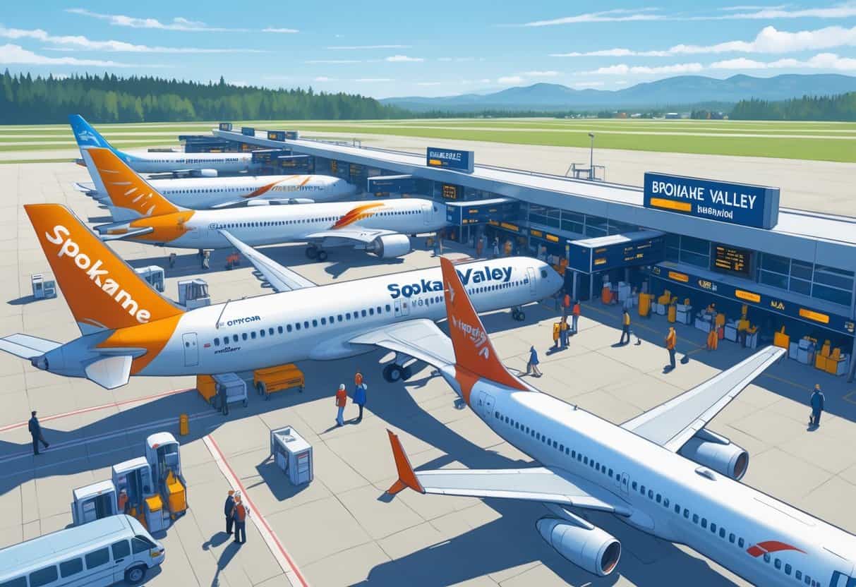 An airport terminal in Spokane Valley with airplanes at gates and passengers calmly interacting with airline staff.