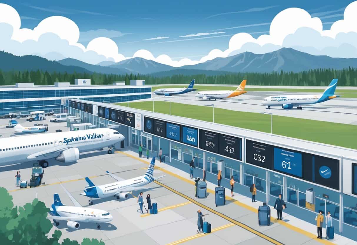 An airport scene in Spokane Valley with airplanes, passengers waiting, flight status boards showing delays and cancellations, and airline staff assisting travelers.