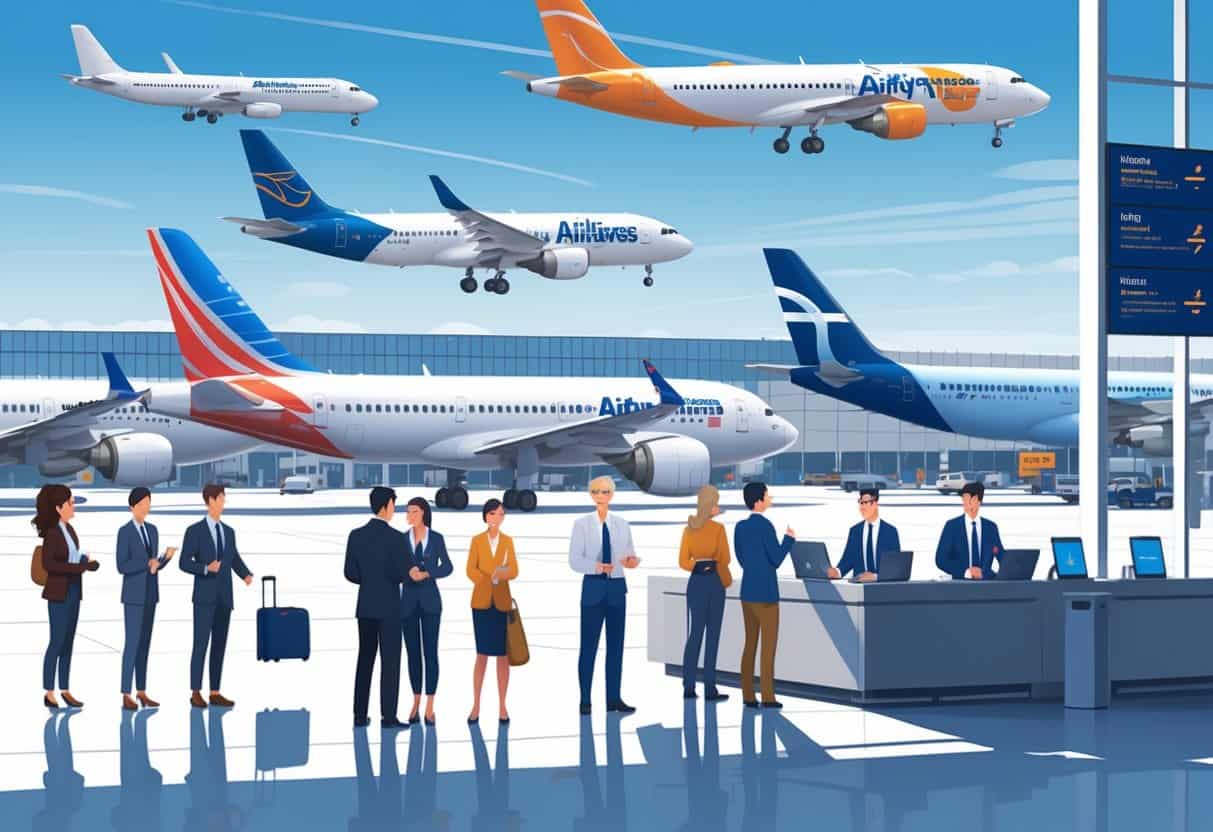 Travelers and airline staff interacting calmly at an airport customer service desk with airplanes parked at gates outside a terminal in Springfield, Massachusetts.