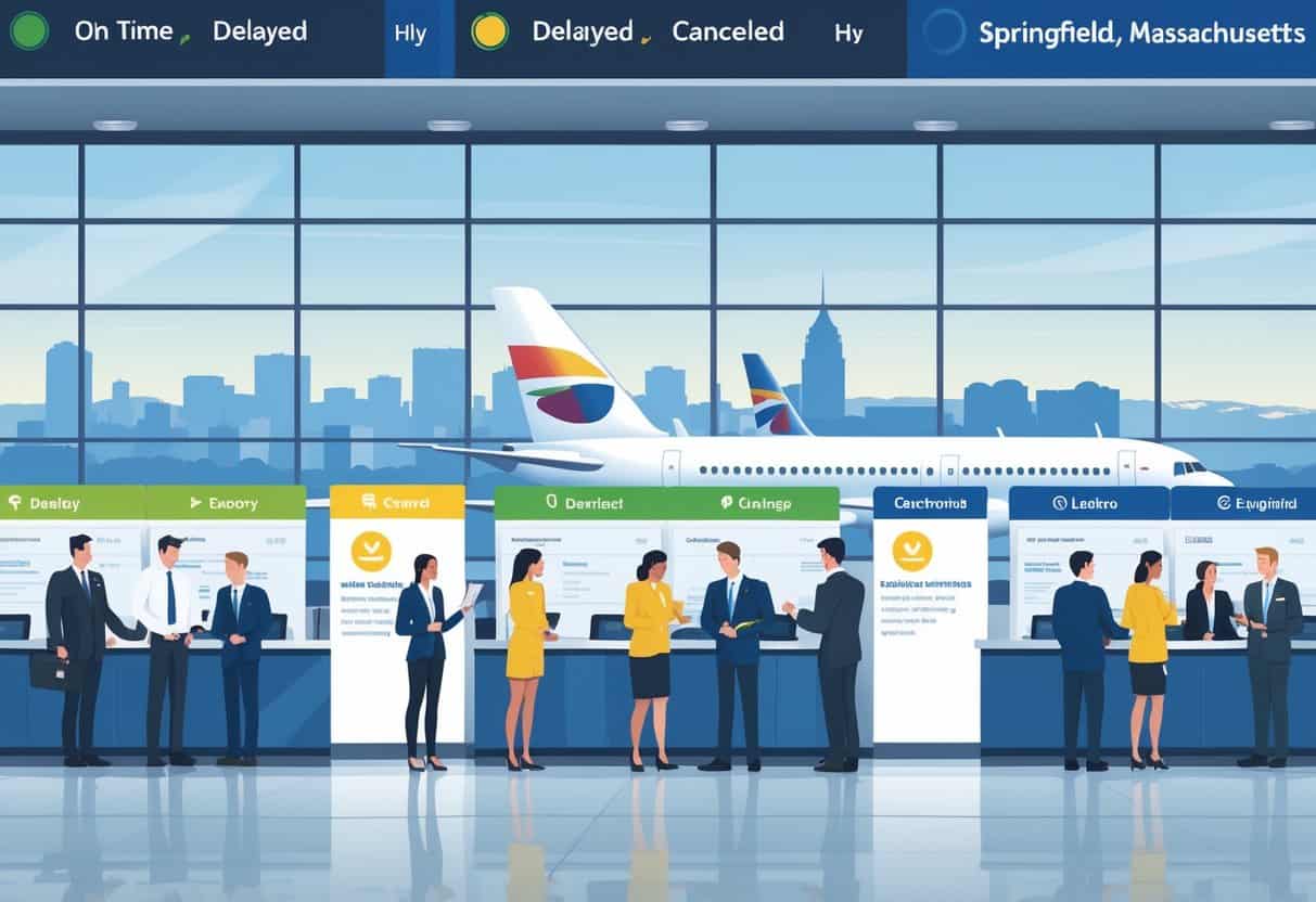 People at an airport terminal with a flight status board showing on time, delayed, and cancelled flights, with airline staff assisting travelers and a city skyline in the background.